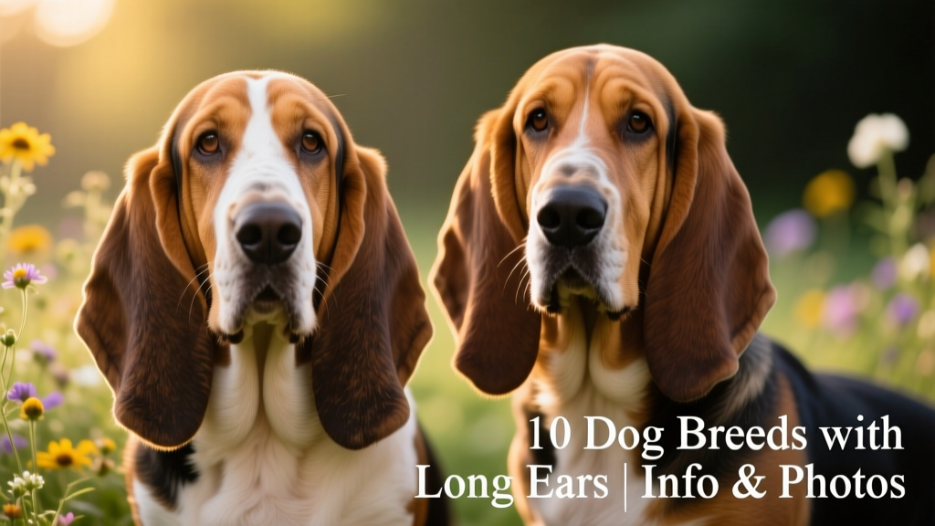 Close-up of a Basset Hound and a Bloodhound side by side, highlighting the length and texture of their ears