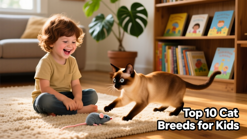 A child and a playful Burmese cat sitting together on a rug, sharing a toy mouse