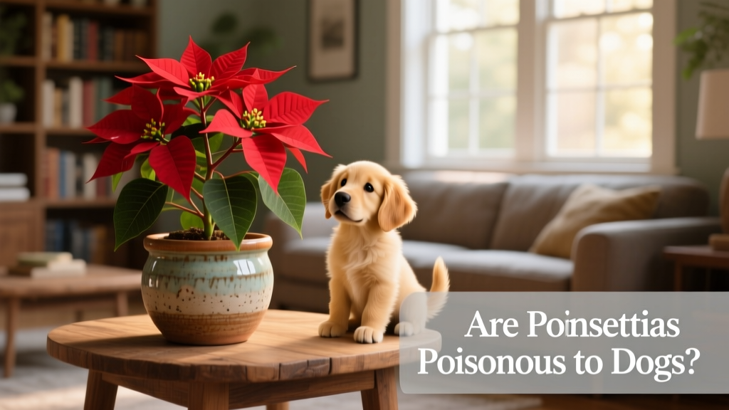 A bright red poinsettia plant in a festive ceramic pot on a living room side table