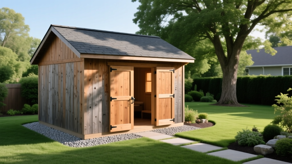 Finished 8x8 wooden shed with a gravel foundation, asphalt shingle roof, and double doors situated in a lush suburban backyard