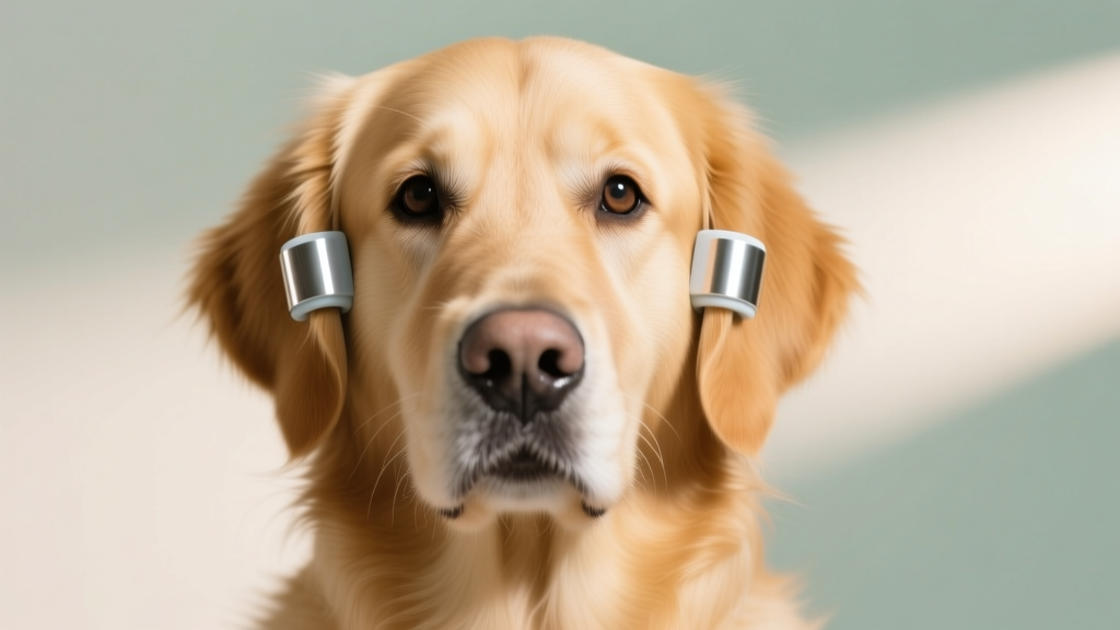 Golden retriever wearing lightweight medical-grade silicone magnetic ear cuffs, studio lighting, soft bokeh background, front view
