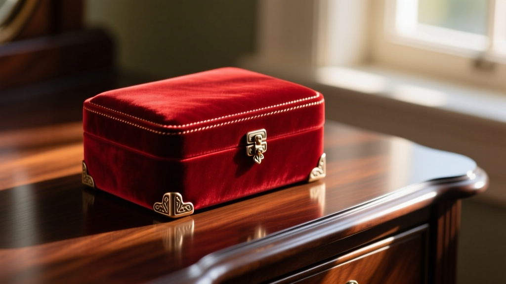 Close-up of a luxurious crimson red velvet jewelry box resting on a dark mahogany dresser, illuminated by soft warm morning sunlight.