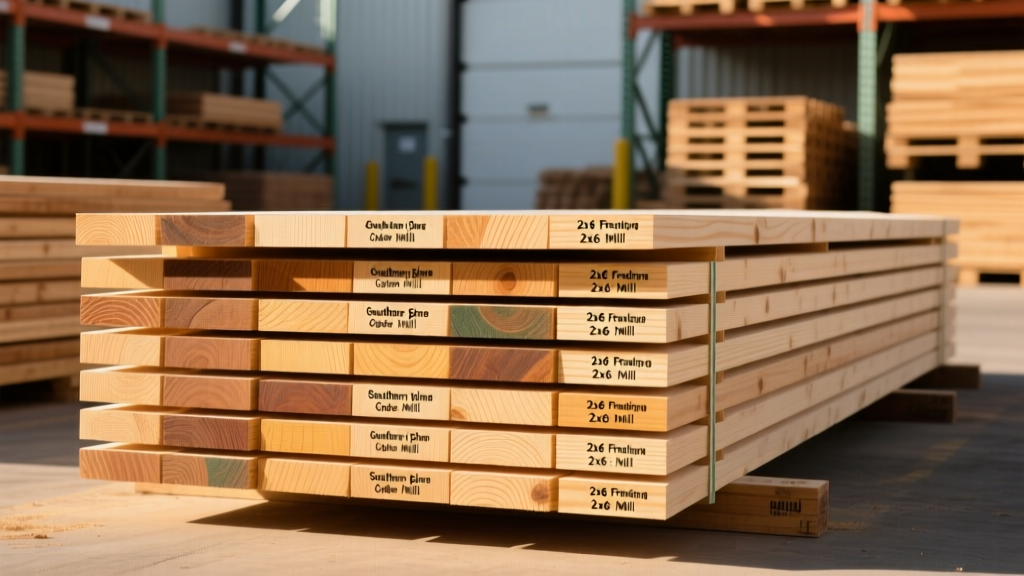 Stacks of graded Douglas Fir and Southern Yellow Pine 2x6 framing lumber with visible ink stamps in a well-lit commercial lumber yard