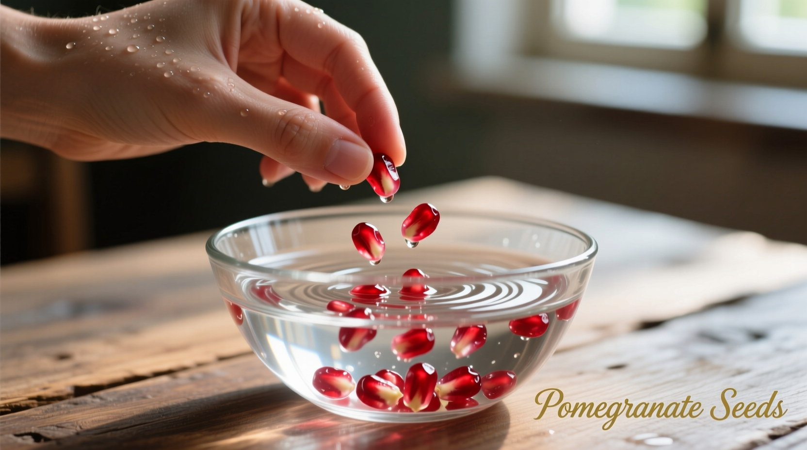 Hand extracting pomegranate seeds in water bowl