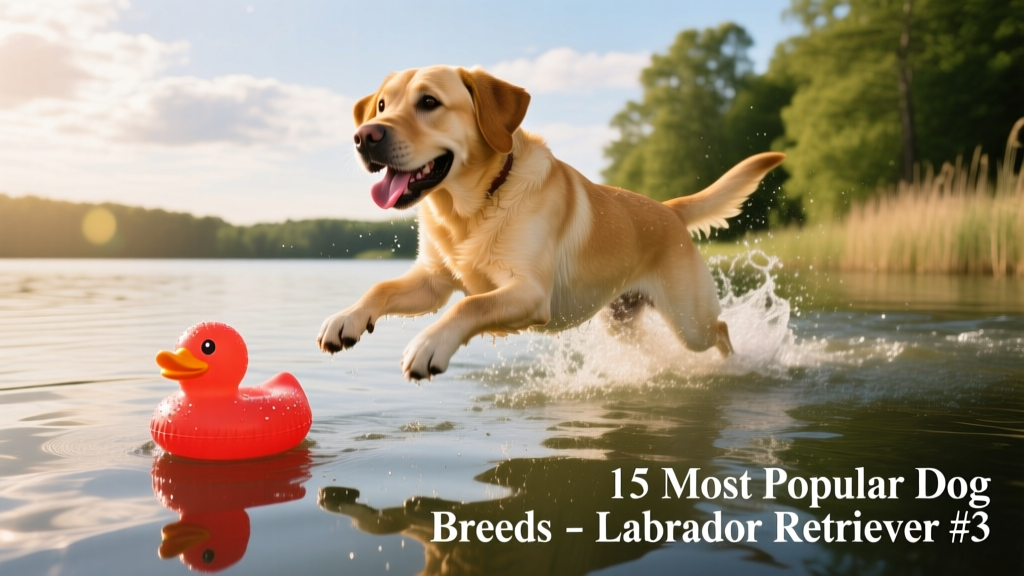A golden Labrador Retriever joyfully swimming toward a floating toy in a clear lake