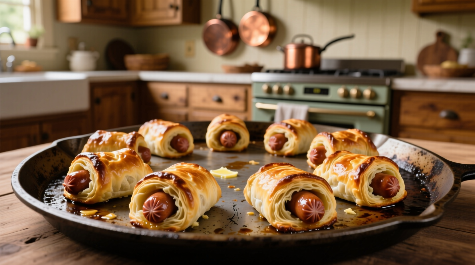 Golden brown pigs in a blanket on baking sheet