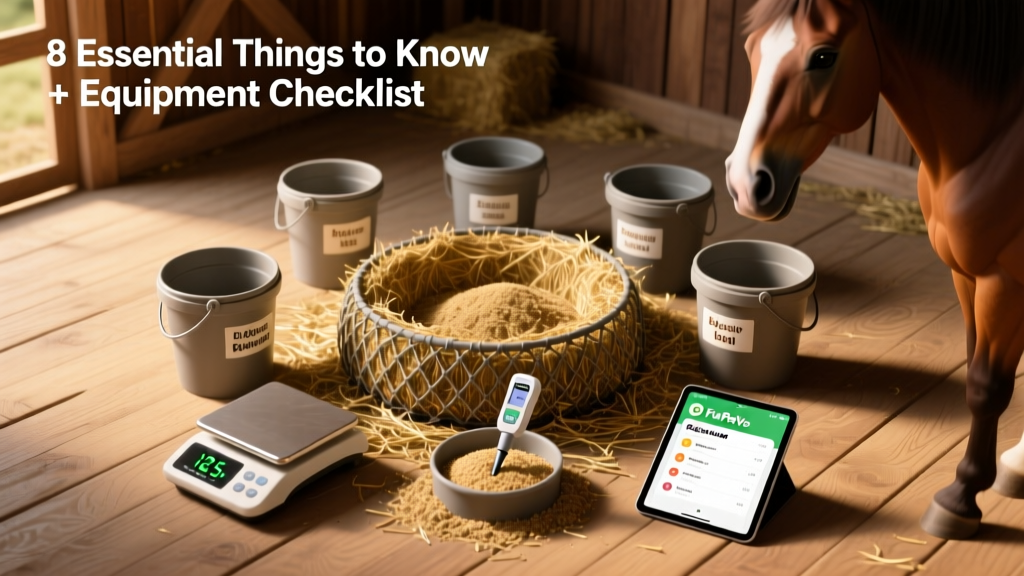 Top-down photo of organized horse feeding station: slow-feed net, labeled feed buckets, digital scale, moisture tester, and FurPetVo FeedTrack app open on tablet