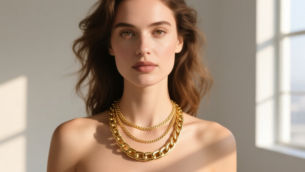 Woman wearing a layered 18k gold Figaro chain and a solid gold box chain, showing varying thickness and warm light reflections.