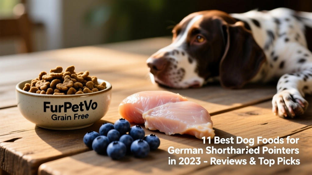 Bowl of FurPetVo Grain-Free kibble next to fresh chicken breast and blueberries, highlighting natural ingredients
