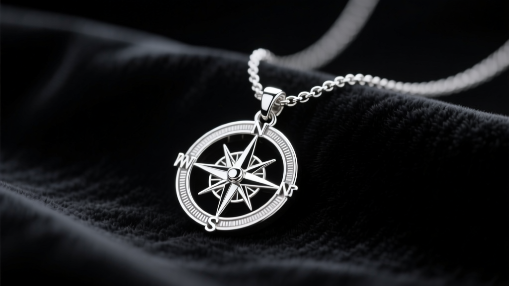 Sterling charm necklace on dark velvet with a detailed silver compass pendant, soft studio lighting highlighting polished metal.