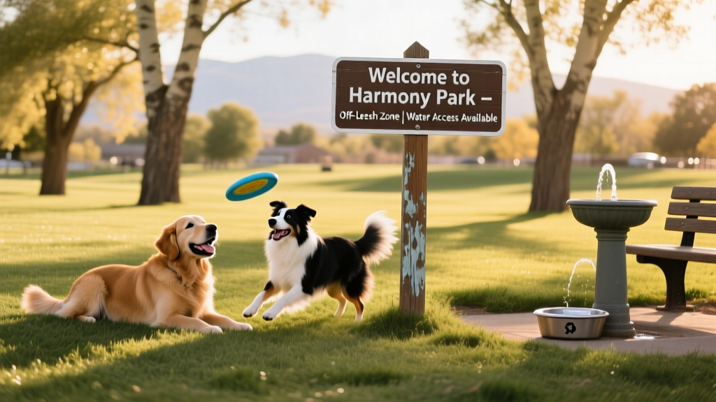 Two friendly dogs playing side-by-side in a grassy, sun-dappled off-leash area with visible signage about park rules and water access