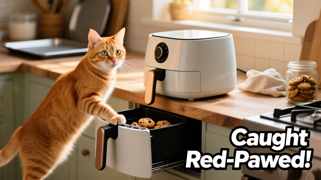 Cat mid-motion, paw on air fryer drawer handle, looking curious and focused