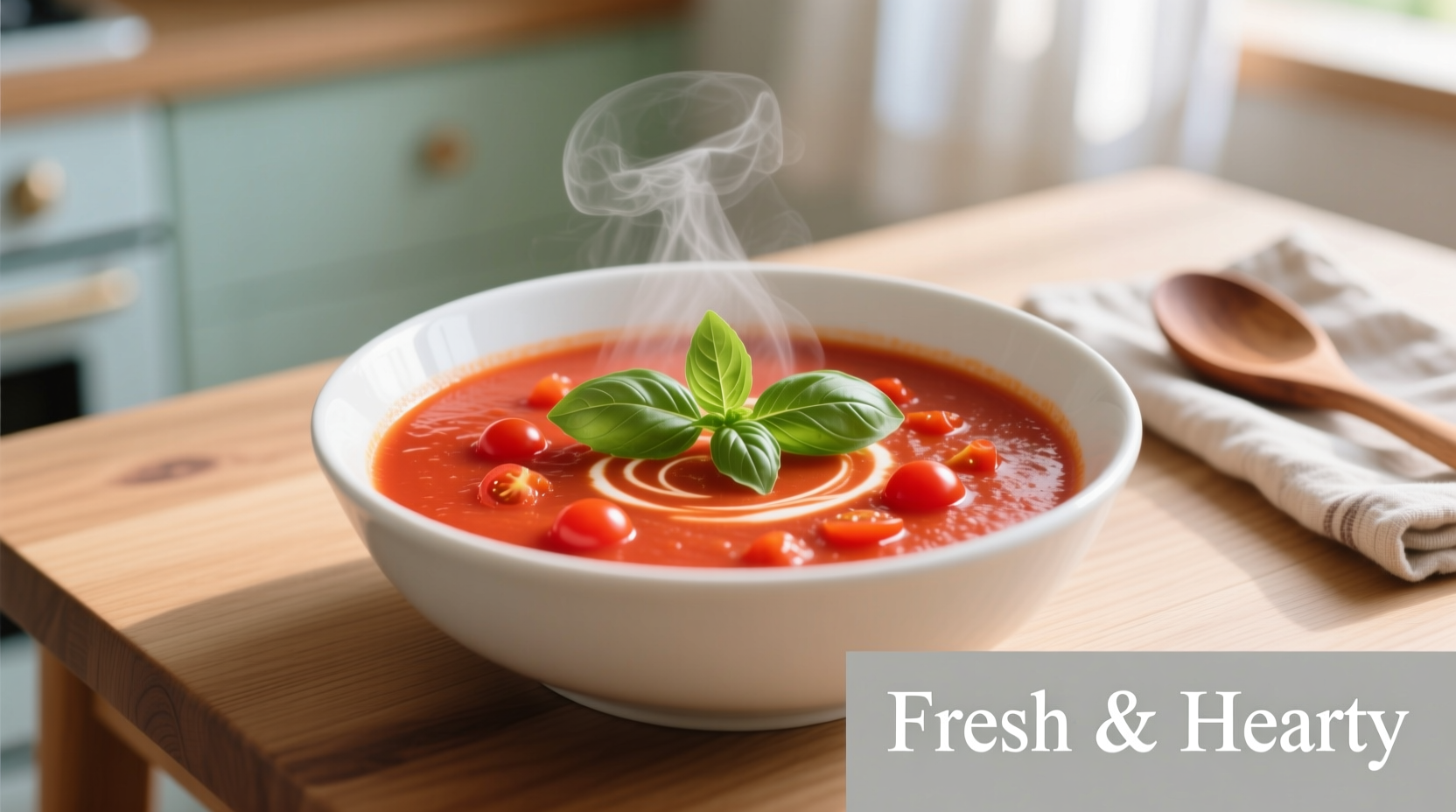 Vibrant red cherry tomato soup in white bowl with basil garnish