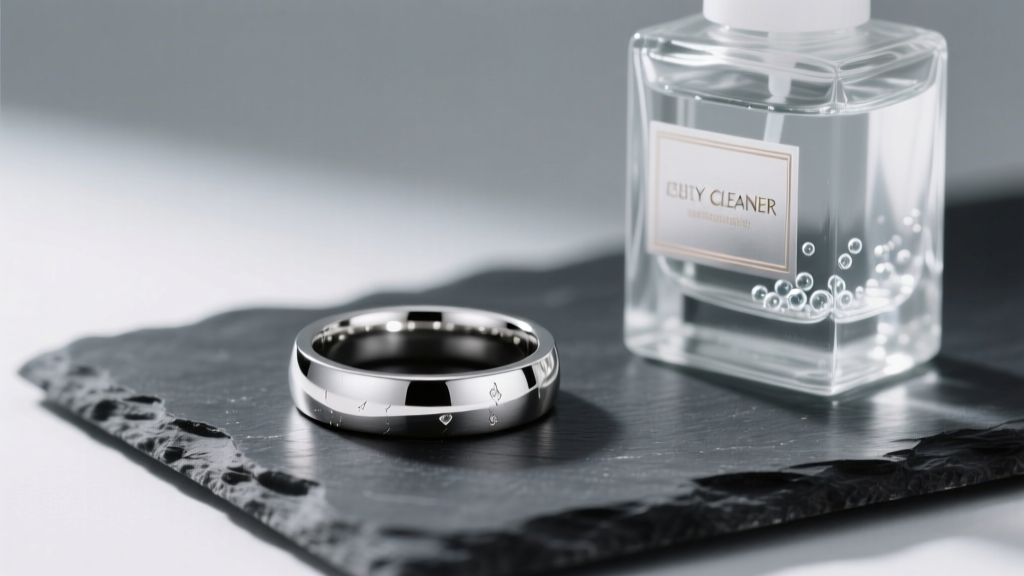 Platinum wedding band on dark slate next to a glass bottle of liquid jewelry cleaner under soft studio lighting.