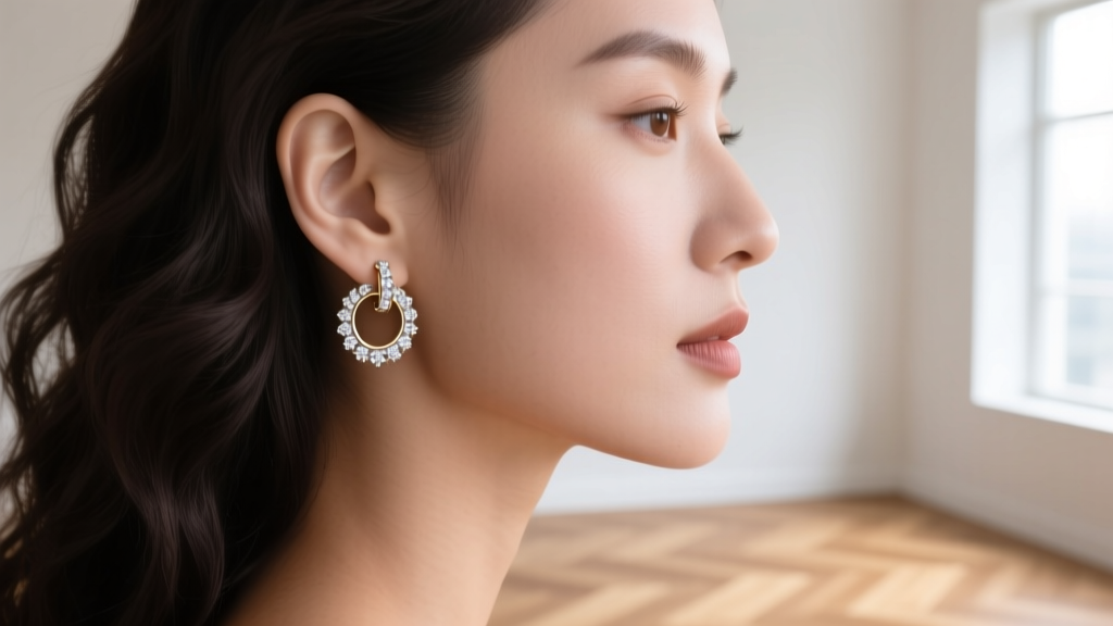 Side profile of a woman wearing a seamless 14k white gold 16-gauge huggie hoop with pavé diamonds on her upper cartilage.