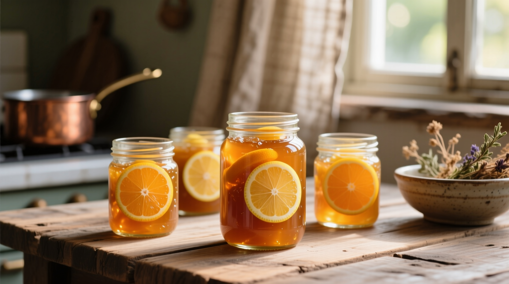 Homemade marmalade in glass jars with citrus slices