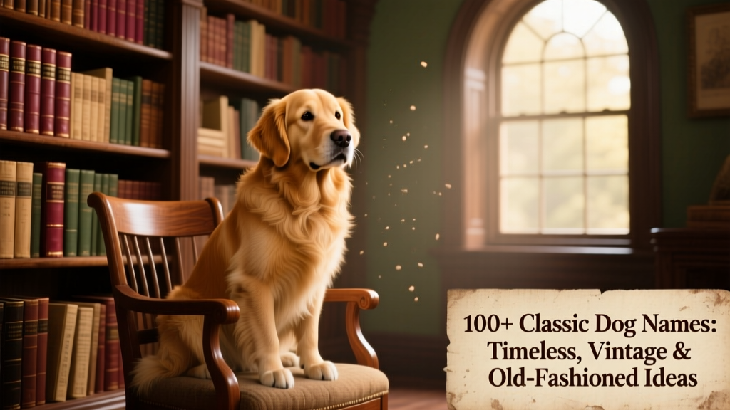 A golden retriever sitting gracefully beside an antique wooden chair and vintage bookshelf