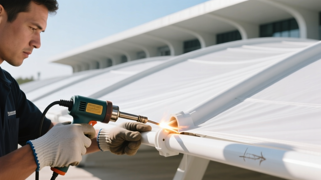 Close-up of a technician using a hot air welder to repair a white PVC tensile fabric roof membrane on a commercial stadium canopy