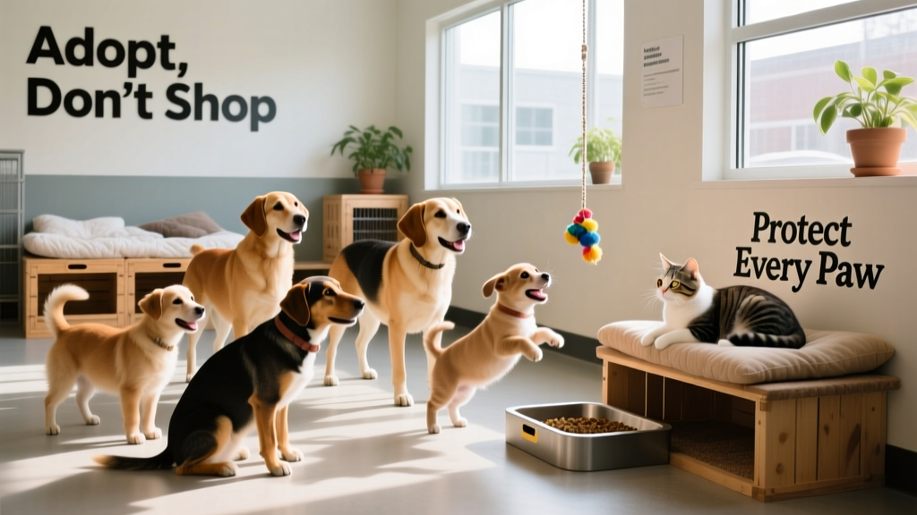 A diverse group of well-cared-for dogs and cats in a sunny, welcoming shelter environment
