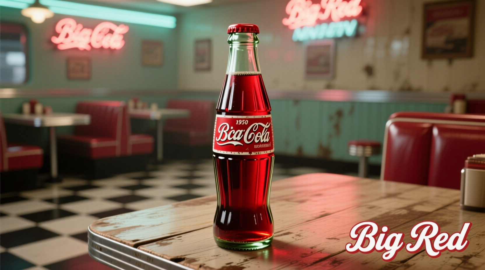 Big Red soda bottle showing distinctive red color and vintage logo
