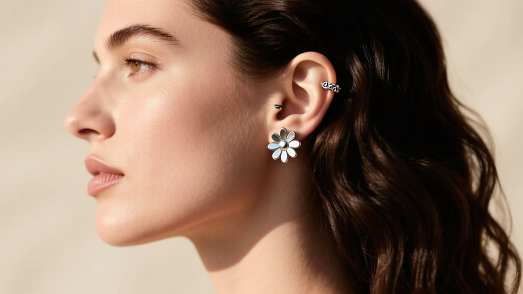 Side profile of a woman wearing a 16-gauge titanium daisy ear cuff on her upper helix cartilage, with soft natural sunlight.