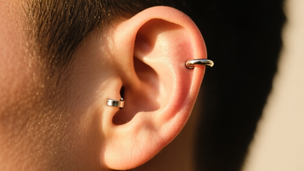 Profile of an ear with a 14g titanium hoop in the helix, avoiding the cartilage ridge, bathed in soft golden hour lighting.