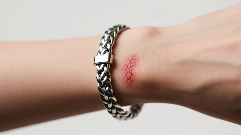 Close-up of a wrist wearing a braided stainless steel bracelet, showing a mild red rash on skin directly under the metal clasp