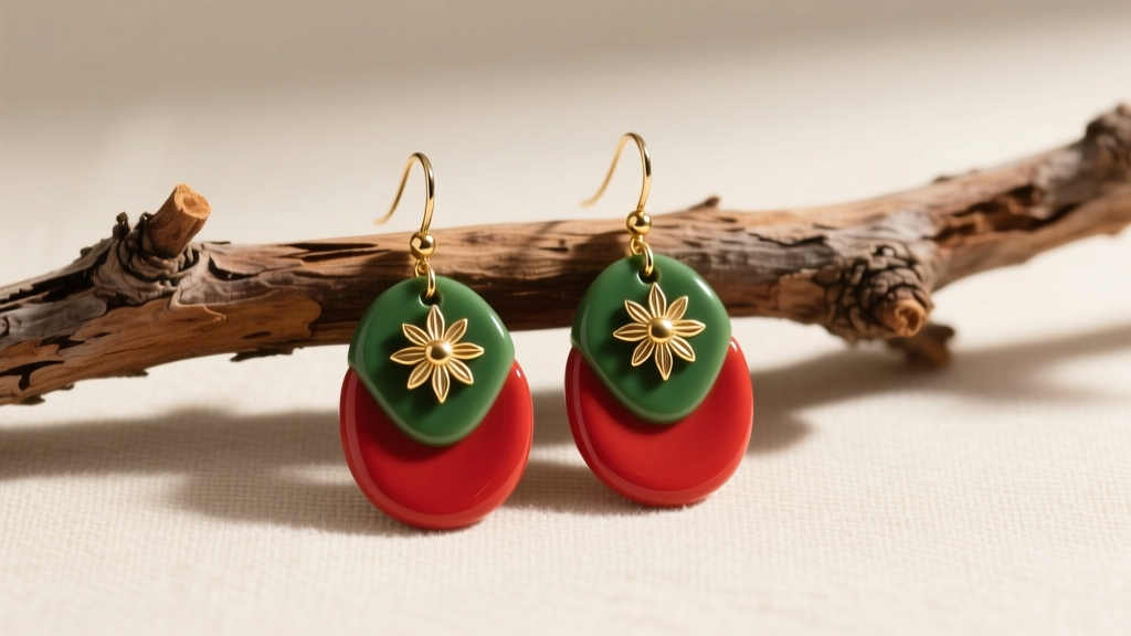 Flat lay of red and green polymer clay dangle earrings with gold leaf accents resting on a pine branch with soft winter lighting