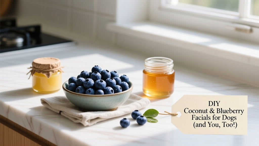 A fresh bowl of blueberries next to a small jar of coconut oil and raw honey, arranged on a clean kitchen counter