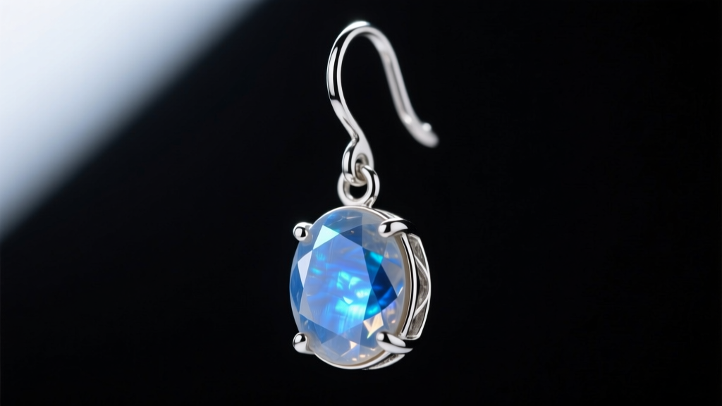 Macro photography of blue sheen moonstone dangle earring suspended from 20-gauge sterling silver leverback, dark moody background