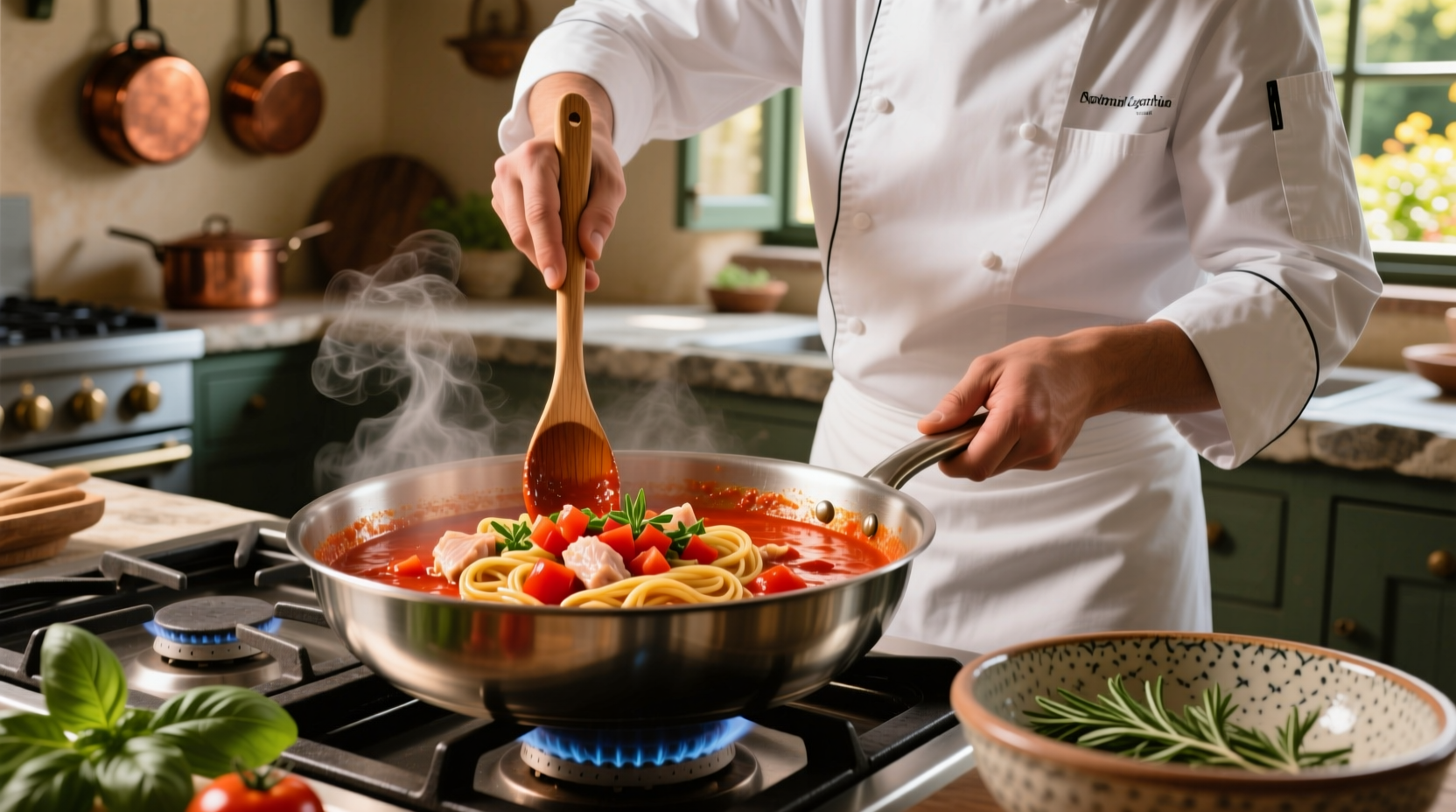 Chef preparing tomato and chicken pasta sauce