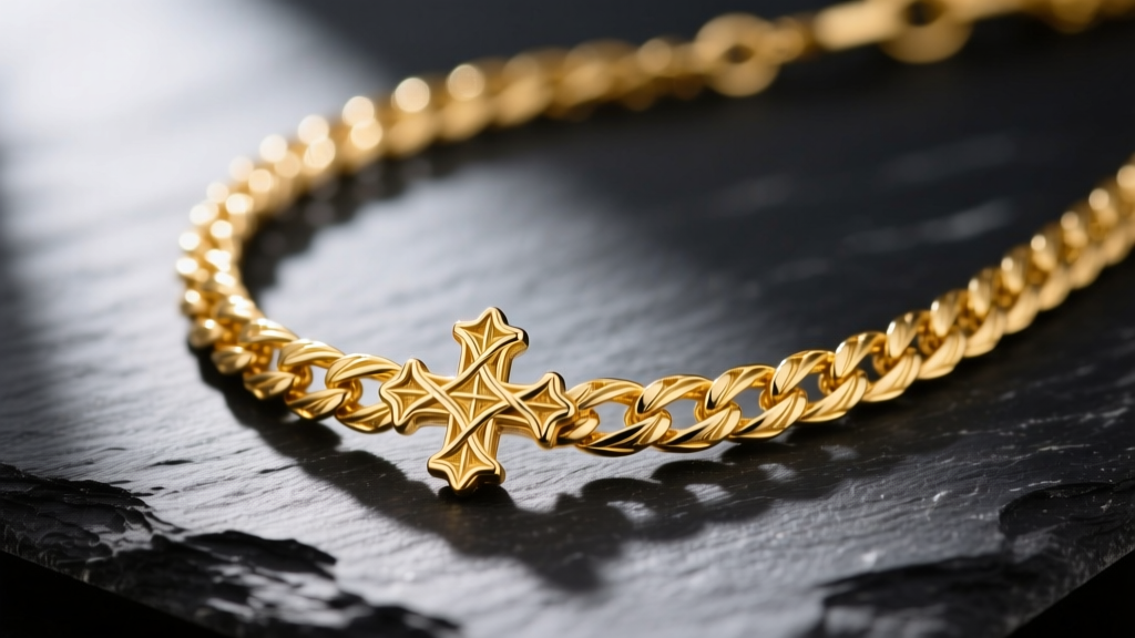 Macro photograph of an 18k yellow gold Italian chain necklace with a Florentine cross-hatched finish, resting on dark slate.