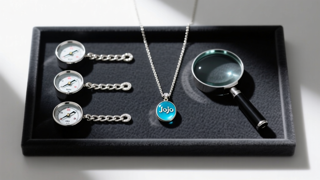 Flat-lay of three silver chain gauges, a jewelry loupe, and a JoJo aqua necklace pendant resting on a dark velvet display mat.