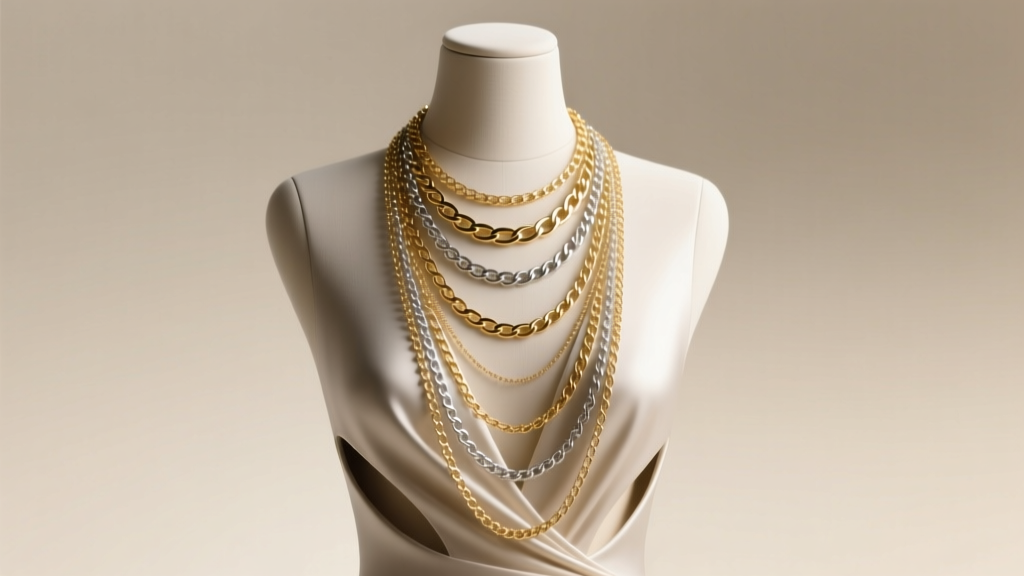 Dress form with V-neck and scoop cutouts draped with varying lengths of gold and silver chain necklaces under soft studio lighting.