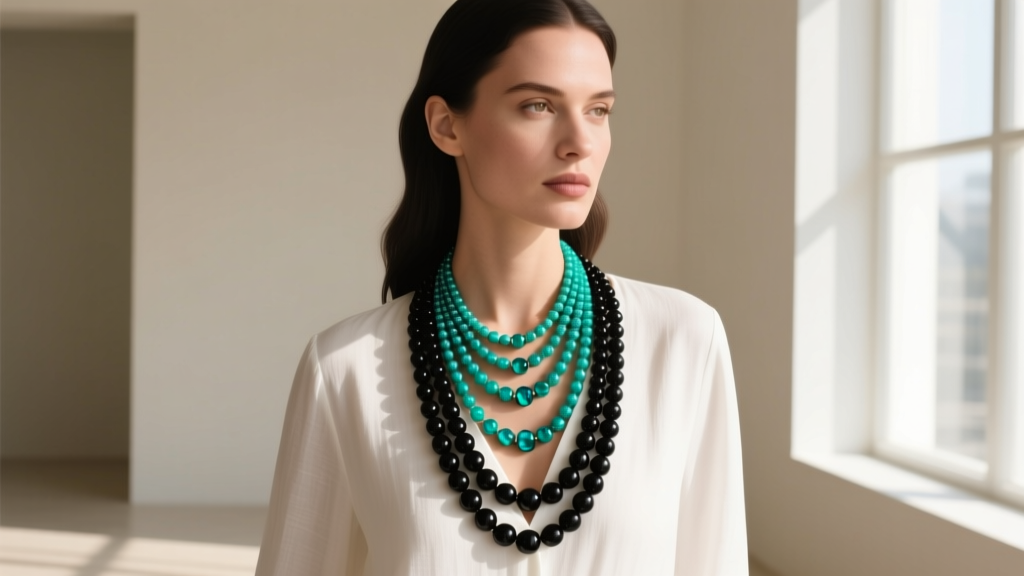 Woman wearing a layered 16-inch black schorl and 20-inch Paraiba tourmaline beaded necklace over a crisp white linen V-neck blouse.