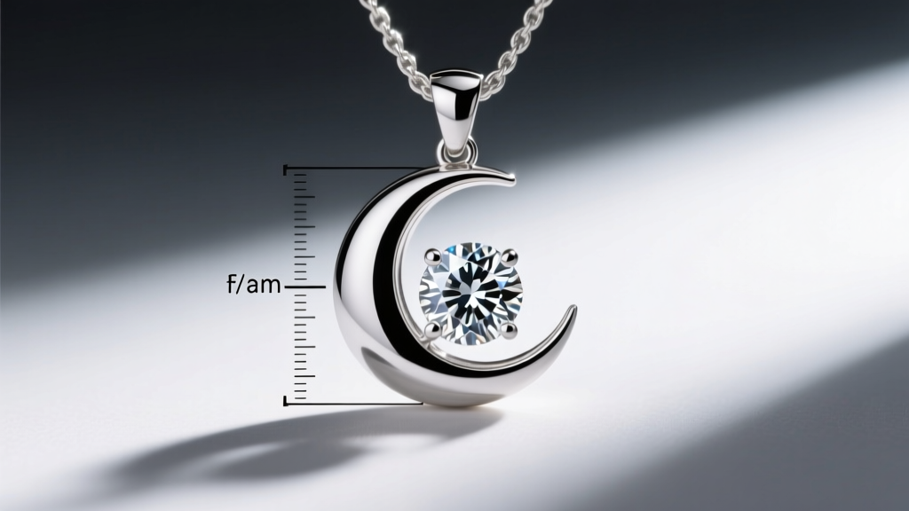 Technical overlay on platinum eclipse pendant showing exact millimeter overlap and bezel wall thickness of half-moon and round gems