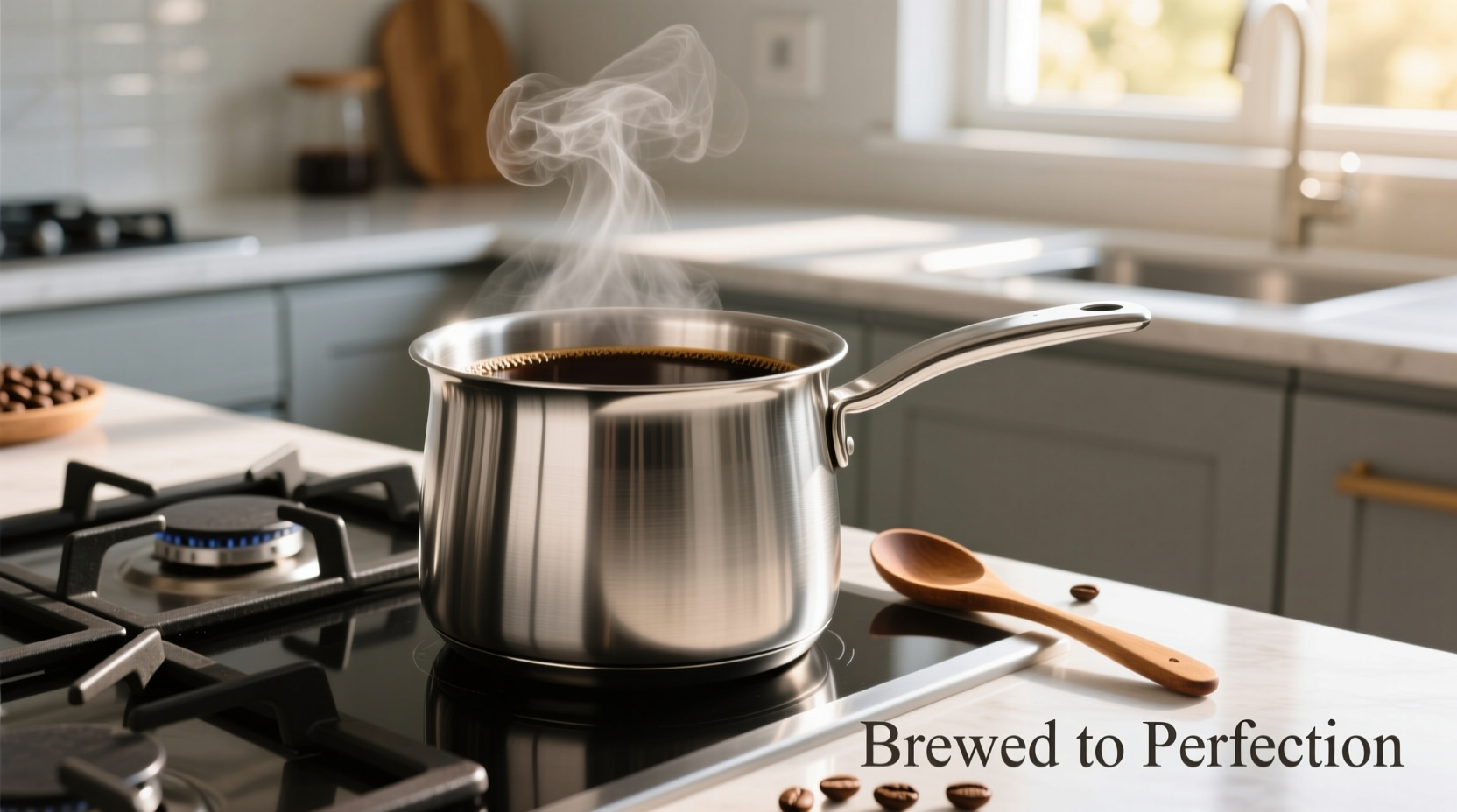 Stovetop coffee brewing process in stainless steel pot