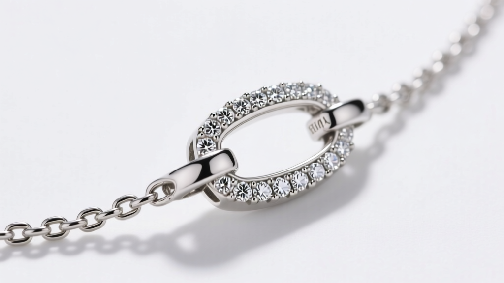 Macro photography of a platinum diamond mama necklace clasp and 1.2mm box chain, highlighting the secure lobster claw mechanism.