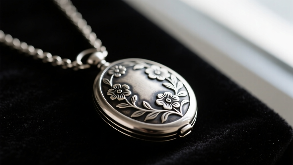 Antique oxidized silver locket necklace on dark velvet, showing preserved dark patina within deeply engraved floral details.