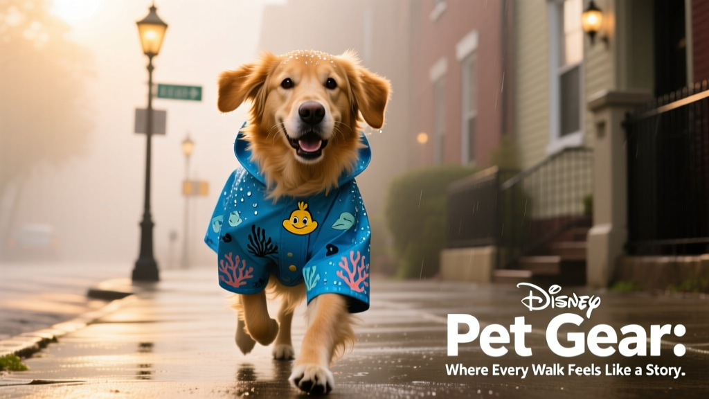 Close-up of a dog wearing the Flounder raincoat, trotting confidently on a misty sidewalk