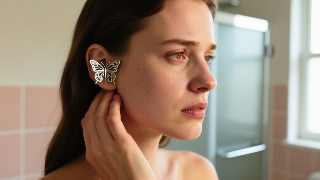 Close-up of a woman holding a swollen earlobe with a metal butterfly backing stuck deep in the skin under soft bathroom lighting