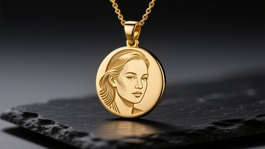 Macro shot of a 14k gold pendant necklace with picture laser engraved on the surface, resting on dark slate under studio lighting