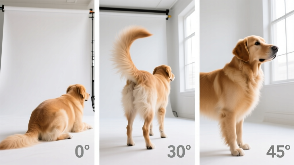 Golden retriever demonstrating three tail positions: tucked, neutral, and high, with angle measurements overlaid on each posture.
