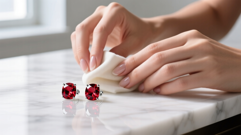 Hands gently wiping red crystal stud earrings with a microfiber cloth and jewelry solution on a bright marble countertop surface.