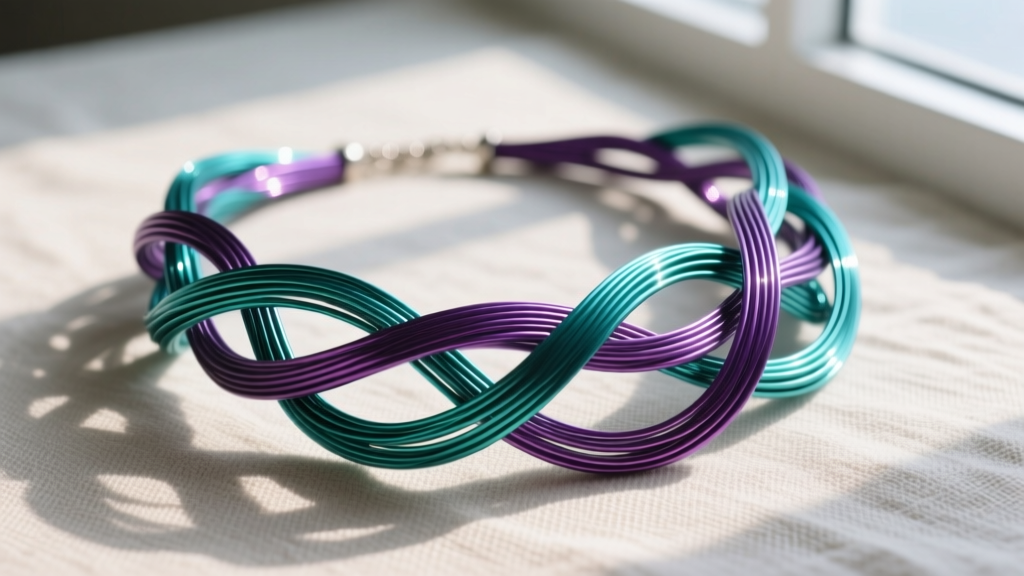 Anodized niobium wire in vibrant teal and purple woven into a chaotic messy necklace structure against a neutral linen background.