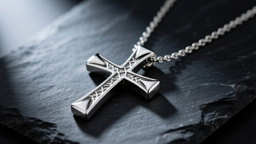 Textured sterling silver three nail cross necklace on dark slate, lit by soft directional studio lighting from the left side.