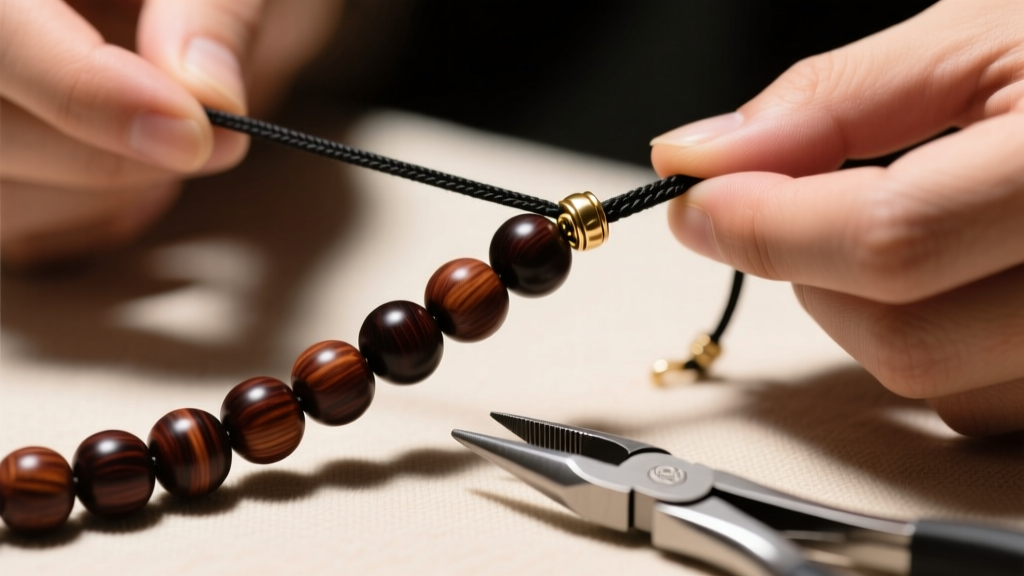 Hands stringing dark rosewood beads onto a thick 1.5mm black waxed cotton cord, with a brass clasp and jewelry pliers in focus.