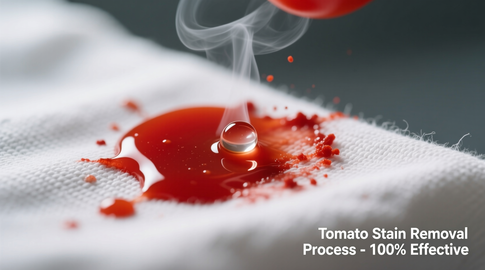 Close-up of tomato stain removal process on white fabric