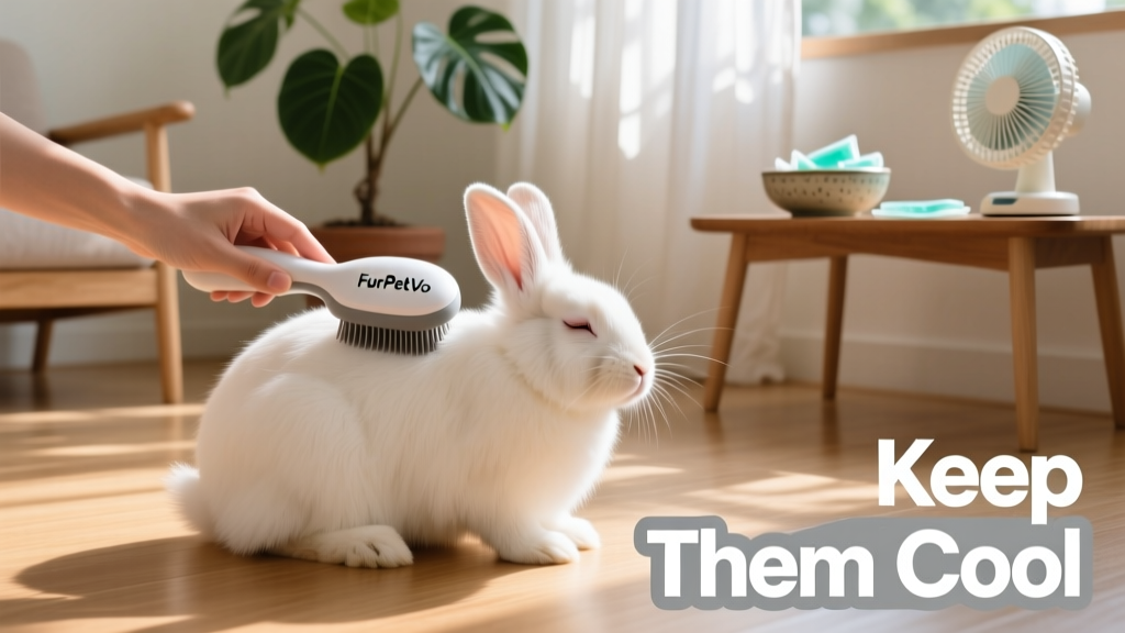 Person gently brushing a rabbit’s back with a FurPetVo self-cleaning slicker brush, in a shaded indoor area