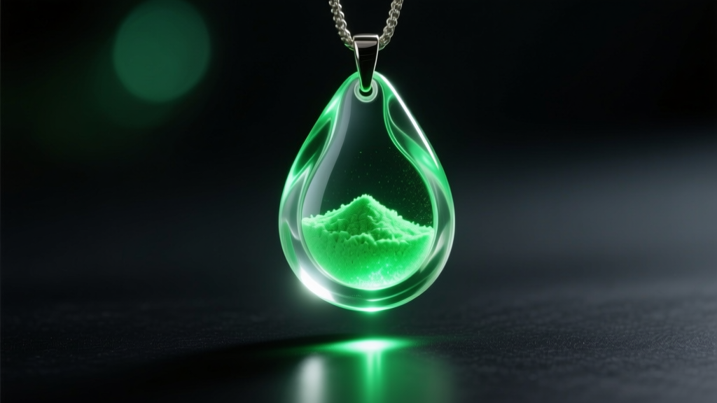 Macro shot of a translucent epoxy resin pendant with glowing green strontium aluminate powder, illuminated by a hidden UV source.